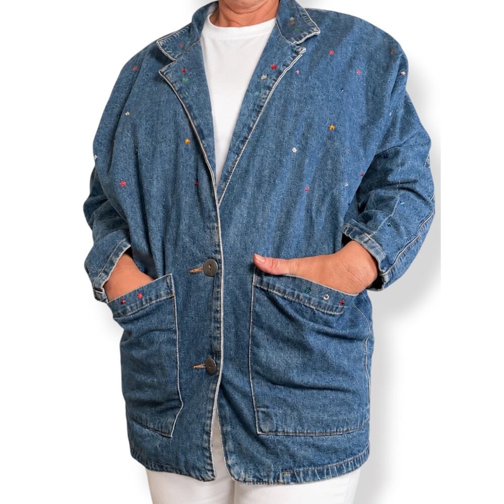 Vintage 90s Denim Blazer Jacket Rhinestone Studded Blue Denim Coat Eclectic OOAK